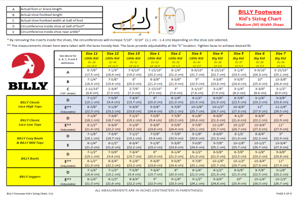 Billy Shoes Size Chart